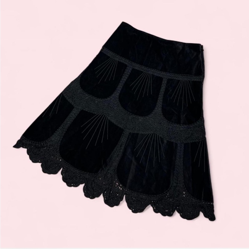Le Chateau Black Velvet and Crochet A-Line Skirt